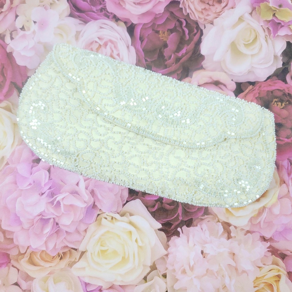 Vintage Walborg Belgium Hand Beaded Ivory Clutch 1950s Seed Bead Wedding Purse